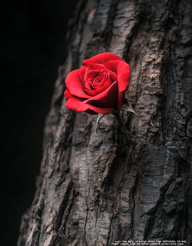 Elegance in Contrast: A Red Rose on an Ancient Tree Trunk