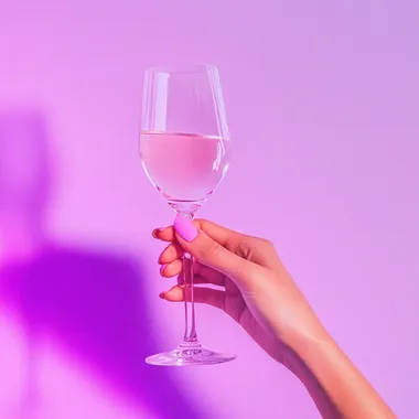 from the right comes a woman's hand holding a glass of wine, the background is pastel purple with a lot of lighting, real photo from stock rofile eps2b4q