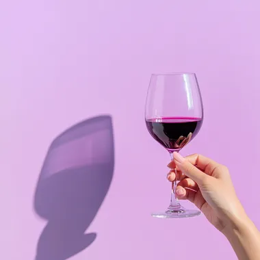from the right comes a woman's hand holding a glass of wine, the background is pastel purple with a lot of lighting, real photo from stock rofile eps2b4q