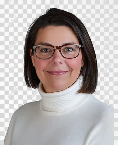 A professional studio portrait of [a woman, wearing glasses and smiling at the camera] with a solid white background and a strong backlight, creating a rim-light effect, catchlight in the eyes. [Subject is Wearing a white turtleneck sweater]