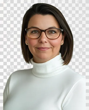 A professional studio portrait of [a woman, wearing glasses and smiling at the camera] with a solid white background and a strong backlight, creating a rim-light effect, catchlight in the eyes. [Subject is Wearing a white turtleneck sweater]
