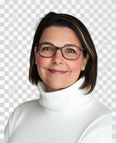 A professional studio portrait of [a woman, wearing glasses and smiling at the camera] with a solid white background and a strong backlight, creating a rim-light effect, catchlight in the eyes. [Subject is Wearing a white turtleneck sweater]