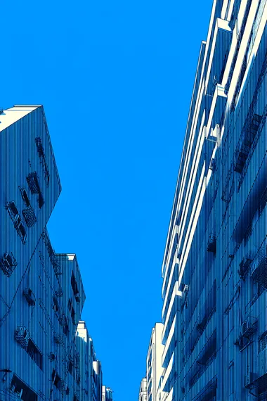 Design a cover photo of a proposal for real estate and property tech, virtual architecture, the cover theme should be electric blue, with design containing high rise building on the right side of the image,  --s 500