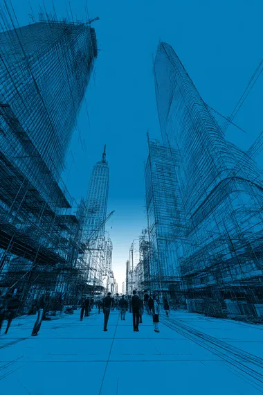 Design a cover photo of a proposal for real estate and property tech, virtual architecture, the cover theme should be electric blue, with design containing high rise building on the right side of the image,  --s 500