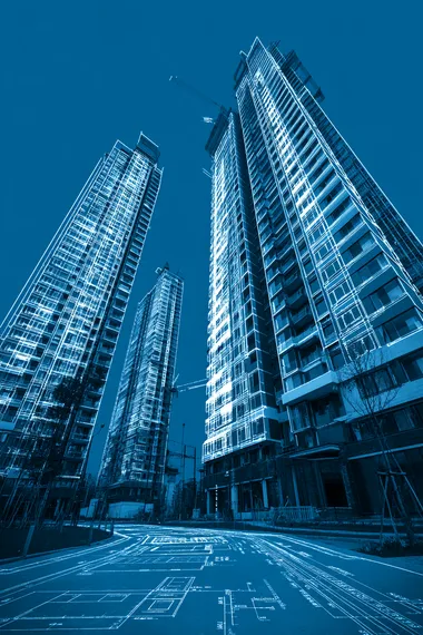 Design a cover photo of a proposal for real estate and property tech, virtual architecture, the cover theme should be electric blue, with design containing high rise building on the right side of the image,  --s 500