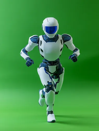 A robot with white and blue body colors, full body photo, facing the camera, running posture, running towards the camera, with a pure green background
