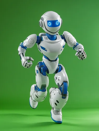 A robot with white and blue body colors, full body photo, facing the camera, running posture, running towards the camera, with a pure green background