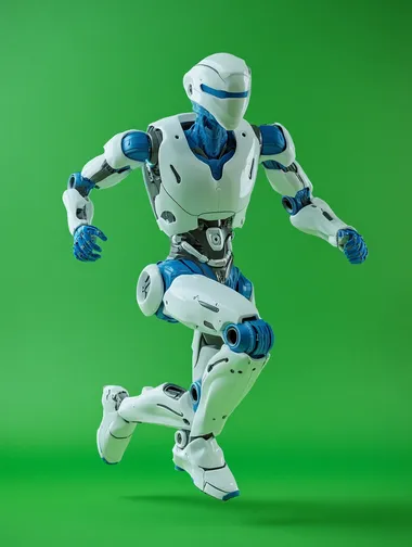 A robot with white and blue body colors, full body photo, facing the camera, running posture, running towards the camera, with a pure green background