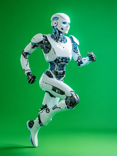 A robot with white and blue body colors, full body photo, facing the camera, running posture, running towards the camera, with a pure green background