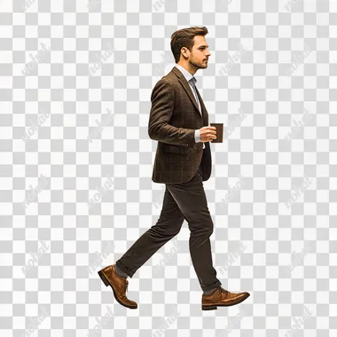 a office man holding a mug and walking, full body view
