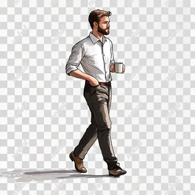 a office man holding a mug and walking, full body view