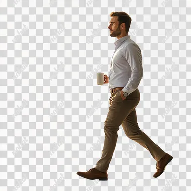 a office man holding a mug and walking, full body view