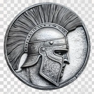 A metal plate with a bas-relief depiction of an intricate Spartan helmet, isolated on a white background --s 50