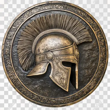 A metal plate with a bas-relief depiction of an intricate Spartan helmet, isolated on a white background --s 50