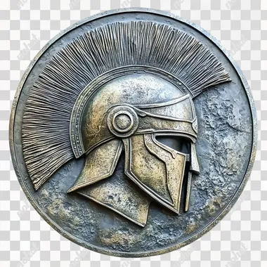 A metal plate with a bas-relief depiction of an intricate Spartan helmet, isolated on a white background --s 50