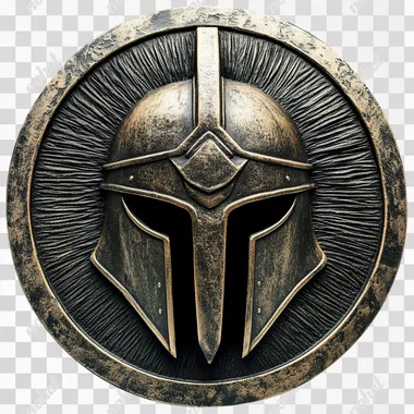A metal plate with a bas-relief depiction of an intricate Spartan helmet, isolated on a white background --s 50