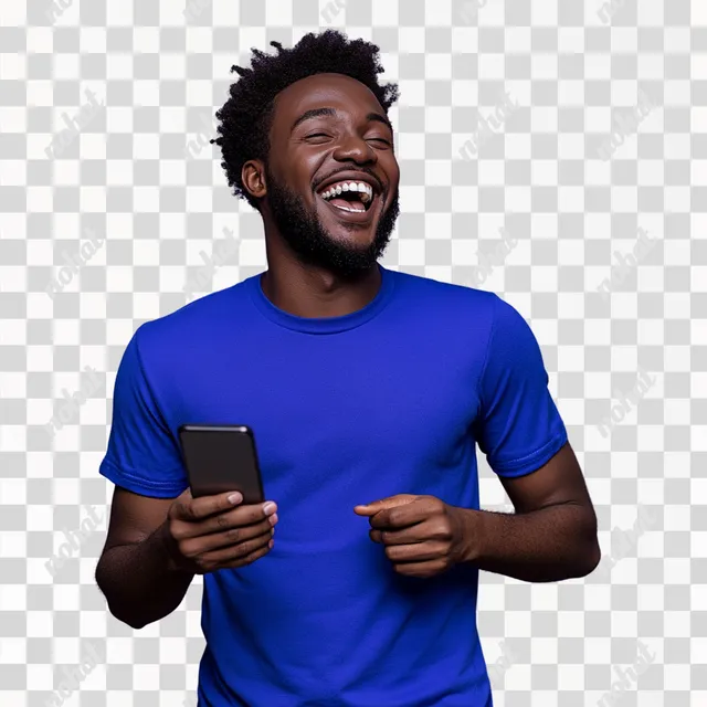PNG Dark-skinned man in blue football shirt joyfully using cell phone indoors