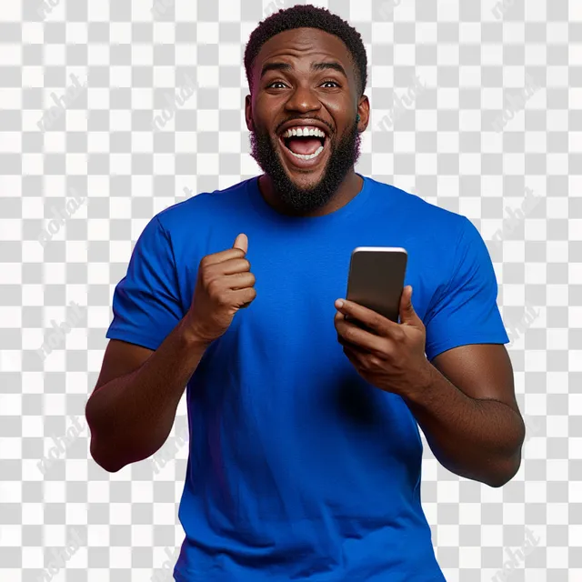 PNG Joyful dark-skinned man in blue football shirt holding phone indoors