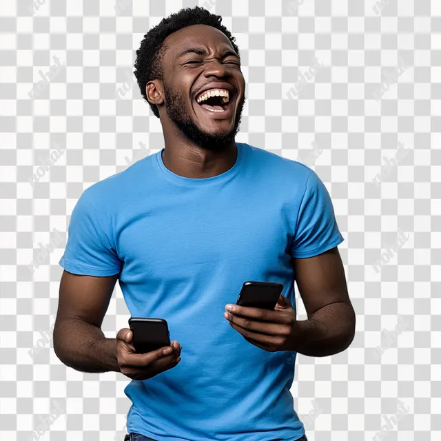 PNG Joyful dark-skinned man in blue football t-shirt holding two phones
