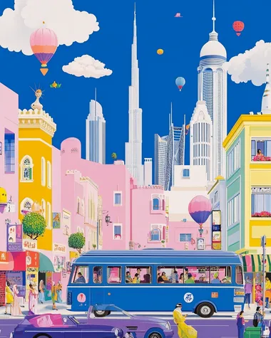 Ramadan in dubai, we can see full dubai skyliine with BURJ al arab also visible and people roaming with fancy cars, Flat illustration poster of [city]     587527242 rofile ibhyw41 --sw 150