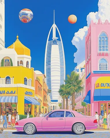 Ramadan in dubai, we can see full dubai skyliine with BURJ al arab also visible and people roaming with fancy cars, Flat illustration poster of [city]     587527242 rofile ibhyw41 --sw 150