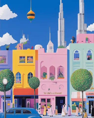 Ramadan in dubai, we can see full dubai skyliine with BURJ al arab also visible and people roaming with fancy cars, Flat illustration poster of [city]     587527242 rofile ibhyw41 --sw 150