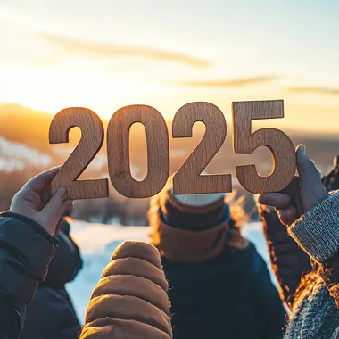 Happy New Year concept, a group of people holding wooden numbers "2025" in their hands against a sunset background, a winter landscape, New Year celebration and lifestyle, realistic