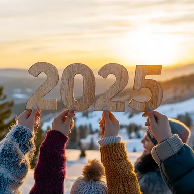 Happy New Year concept, a group of people holding wooden numbers "2025" in their hands against a sunset background, a winter landscape, New Year celebration and lifestyle, realistic