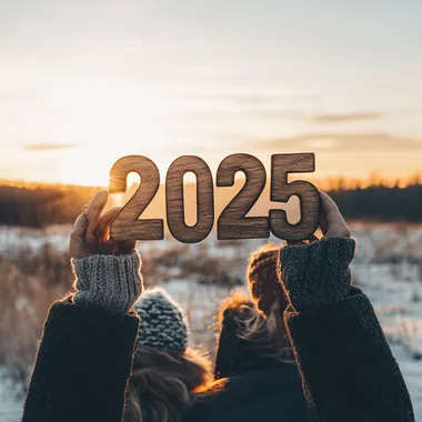 Happy New Year concept, a group of people holding wooden numbers "2025" in their hands against a sunset background, a winter landscape, New Year celebration and lifestyle, realistic