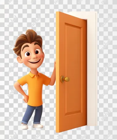 He opens the door with his hand and holds it by the handle. In the style of Pixar with a cartoon style and 3D rendering, white background