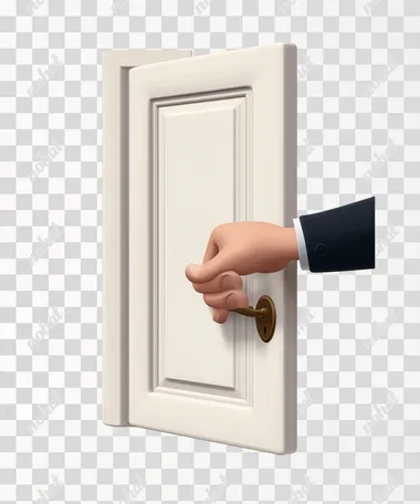 He opens the door with his hand and holds it by the handle. In the style of Pixar with a cartoon style and 3D rendering, white background