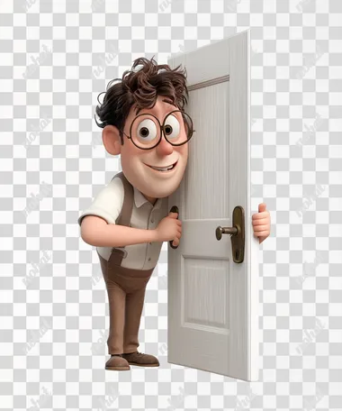 He opens the door with his hand and holds it by the handle. In the style of Pixar with a cartoon style and 3D rendering, white background