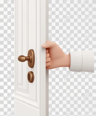 He opens the door with his hand and holds it by the handle. In the style of Pixar with a cartoon style and 3D rendering, white background