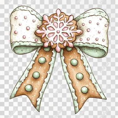 a comic art of a bow designed to look like it's made of gingerbread. The bow is detailed with white icing and pink and mint green gumdrop decorations, including small dots and glittering elements. In the center of the bow, there is a snowflake-shaped gingerbread cookie. illustration, isolated in white background