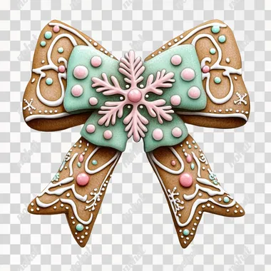 a comic art of a bow designed to look like it's made of gingerbread. The bow is detailed with white icing and pink and mint green gumdrop decorations, including small dots and glittering elements. In the center of the bow, there is a snowflake-shaped gingerbread cookie. illustration, isolated in white background