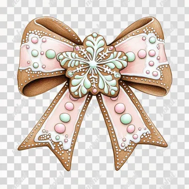 a comic art of a bow designed to look like it's made of gingerbread. The bow is detailed with white icing and pink and mint green gumdrop decorations, including small dots and glittering elements. In the center of the bow, there is a snowflake-shaped gingerbread cookie. illustration, isolated in white background