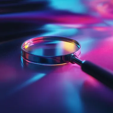 a glowing futuristic magnifying glass, holographic neon colors (pink, purple, cyan), soft lighting, abstract background with light streaks and smooth gradients, digital art, high detail, dreamy atmosphere, vaporwave aesthetic, 3D render style
