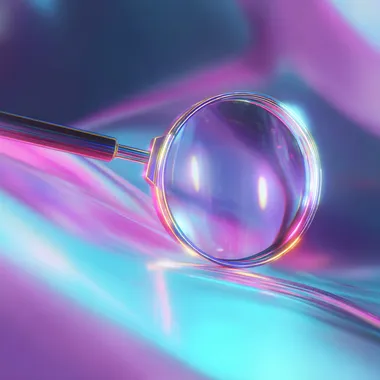 a glowing futuristic magnifying glass, holographic neon colors (pink, purple, cyan), soft lighting, abstract background with light streaks and smooth gradients, digital art, high detail, dreamy atmosphere, vaporwave aesthetic, 3D render style
