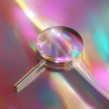 a glowing futuristic magnifying glass, holographic neon colors (pink, purple, cyan), soft lighting, abstract background with light streaks and smooth gradients, digital art, high detail, dreamy atmosphere, vaporwave aesthetic, 3D render style