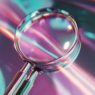 a glowing futuristic magnifying glass, holographic neon colors (pink, purple, cyan), soft lighting, abstract background with light streaks and smooth gradients, digital art, high detail, dreamy atmosphere, vaporwave aesthetic, 3D render style