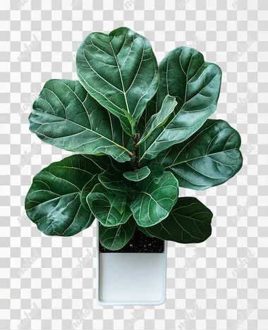 A professional botanical photograph of a Fiddle Leaf Fig, with large, shiny leaves that remain vibrant even in less light. The plant is placed in a square, white porcelain pot on a white background. The plant is healthy, with broad, deep green leaves, photographed from a slightly elevated angle to capture the dramatic size and shape of the leaves. The lighting is soft and even, bringing out the rich color and texture of the leaves. The photograph is taken with consistent camera settings and lighting used for a unified style.   --s 300