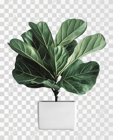 A professional botanical photograph of a Fiddle Leaf Fig, with large, shiny leaves that remain vibrant even in less light. The plant is placed in a square, white porcelain pot on a white background. The plant is healthy, with broad, deep green leaves, photographed from a slightly elevated angle to capture the dramatic size and shape of the leaves. The lighting is soft and even, bringing out the rich color and texture of the leaves. The photograph is taken with consistent camera settings and lighting used for a unified style.   --s 300