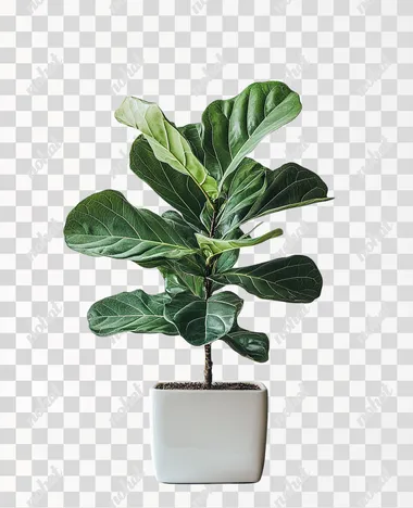 A professional botanical photograph of a Fiddle Leaf Fig, with large, shiny leaves that remain vibrant even in less light. The plant is placed in a square, white porcelain pot on a white background. The plant is healthy, with broad, deep green leaves, photographed from a slightly elevated angle to capture the dramatic size and shape of the leaves. The lighting is soft and even, bringing out the rich color and texture of the leaves. The photograph is taken with consistent camera settings and lighting used for a unified style.   --s 300