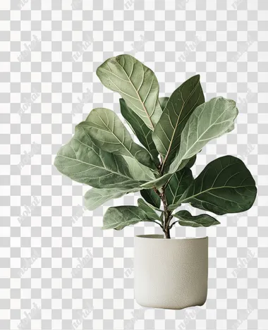 A professional botanical photograph of a Fiddle Leaf Fig, with large, shiny leaves that remain vibrant even in less light. The plant is placed in a square, white porcelain pot on a white background. The plant is healthy, with broad, deep green leaves, photographed from a slightly elevated angle to capture the dramatic size and shape of the leaves. The lighting is soft and even, bringing out the rich color and texture of the leaves. The photograph is taken with consistent camera settings and lighting used for a unified style.   --s 300