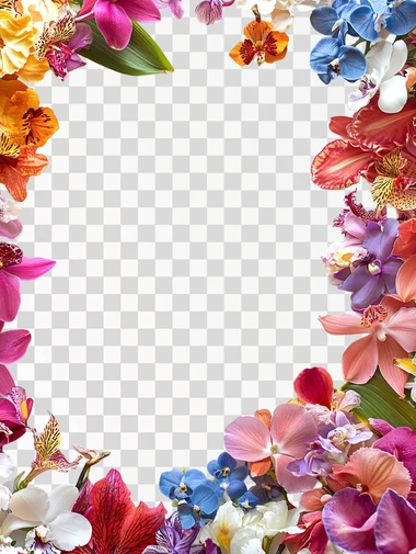 The image features a floral design in thr bottom of white background with a variety of colorful flowers. The flowers include shades of pink, red, orange, and blue, creating a vibrant and lively frame. The arrangement is placed around the bottom edge, leaving a blank white space in the center, ideal for text or an image. The flowers appear to be a mix of orchids and other blossoms, with some greenery interspersed, adding a natural and elegant touch.
