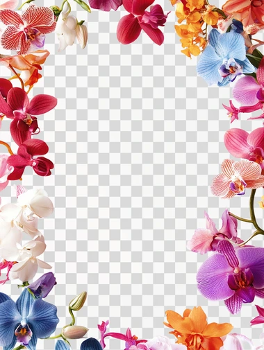 The image features a floral design in thr bottom of white background with a variety of colorful flowers. The flowers include shades of pink, red, orange, and blue, creating a vibrant and lively frame. The arrangement is placed around the bottom edge, leaving a blank white space in the center, ideal for text or an image. The flowers appear to be a mix of orchids and other blossoms, with some greenery interspersed, adding a natural and elegant touch.
