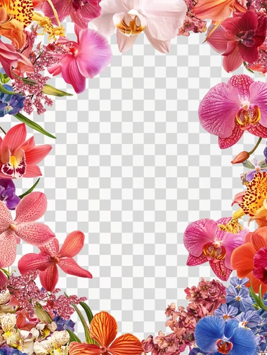 The image features a floral design in thr bottom of white background with a variety of colorful flowers. The flowers include shades of pink, red, orange, and blue, creating a vibrant and lively frame. The arrangement is placed around the bottom edge, leaving a blank white space in the center, ideal for text or an image. The flowers appear to be a mix of orchids and other blossoms, with some greenery interspersed, adding a natural and elegant touch.