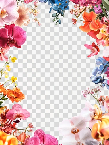 The image features a floral design in thr bottom of white background with a variety of colorful flowers. The flowers include shades of pink, red, orange, and blue, creating a vibrant and lively frame. The arrangement is placed around the bottom edge, leaving a blank white space in the center, ideal for text or an image. The flowers appear to be a mix of orchids and other blossoms, with some greenery interspersed, adding a natural and elegant touch.