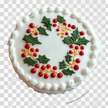 a simple white christmas cake with holly in the centre, top down shot, white ackground