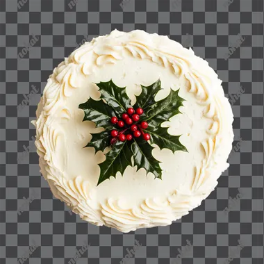 a simple white christmas cake with holly in the centre, top down shot, white ackground